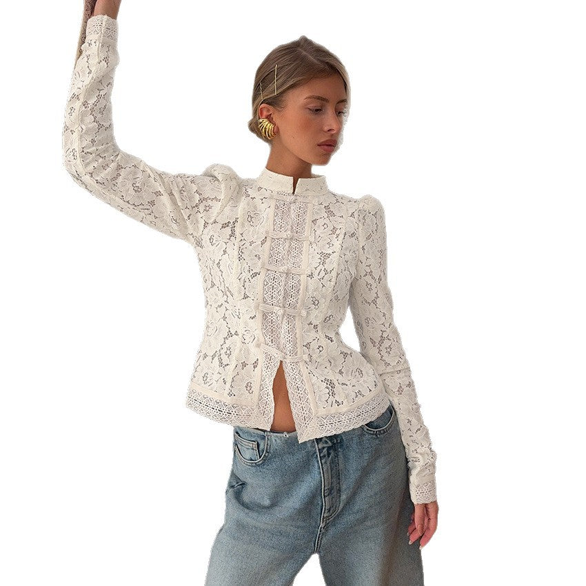 Women's Summer Lace Crochet Stand-up Collar Slim Fit Shirt Blouses