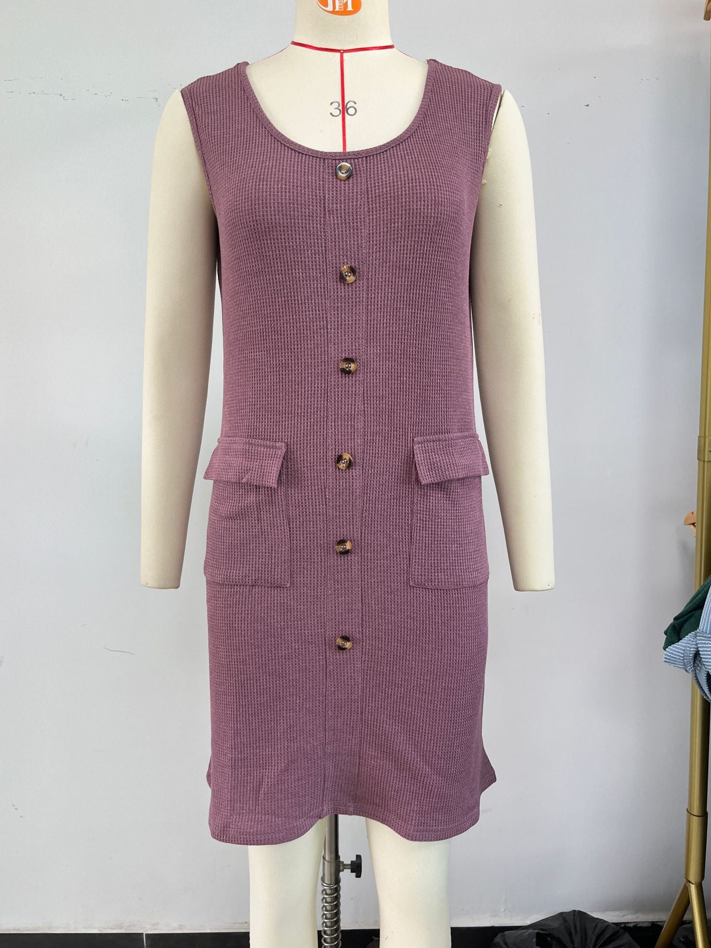 Solid Color Round Neck Button Pocket Dress