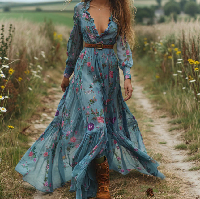 Women's Collar Floral Long-sleeved Dress Country Idyllic Dresses