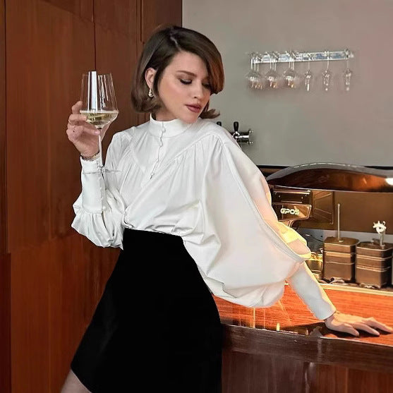 Women's French Fashion Elegant White Stand-up Collar Puff Sleeve Shirt Blouses