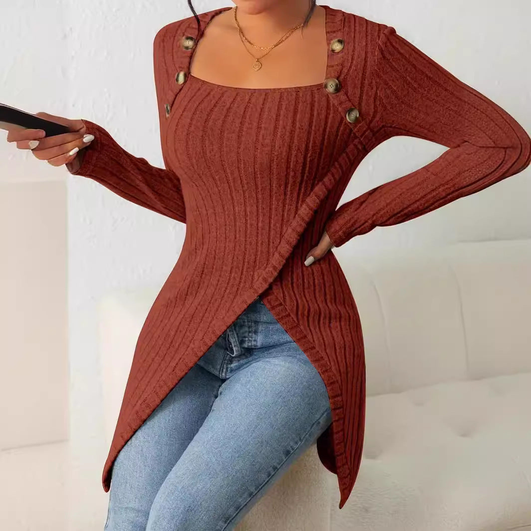 Women's Long Sleeve Knitted Square Collar Irregular Tops