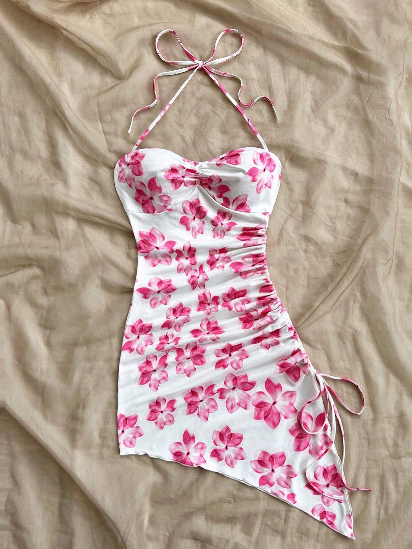 Women's Sexy Sling Summer Floral Print Asymmetric Hem Vacation Style Dress