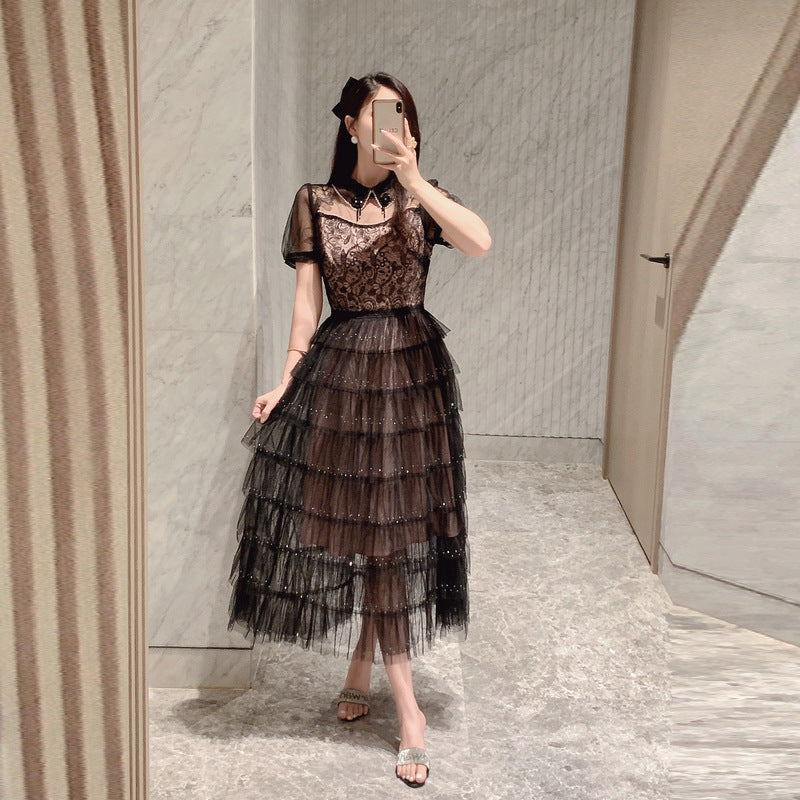 Women's Mesh Beads Dress Summer Design Sense Waist Dresses