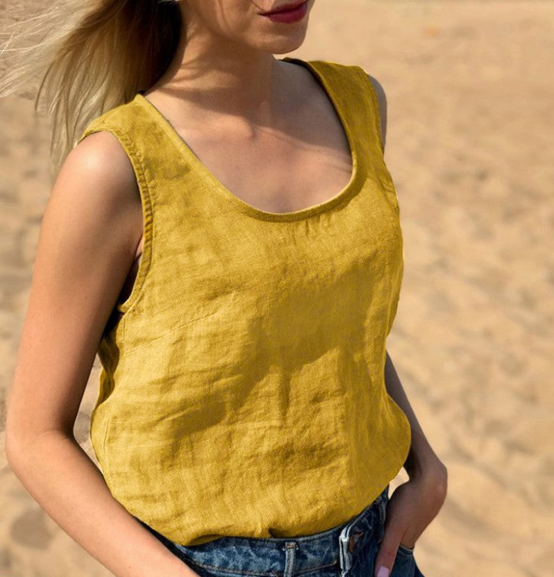 Women's Cotton Linen Summer Solid Color Round Tops