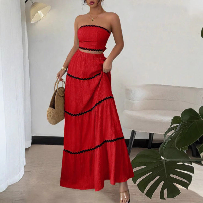 Summer Vacation Leisure Graceful Tube Lace Long Stitching Dress