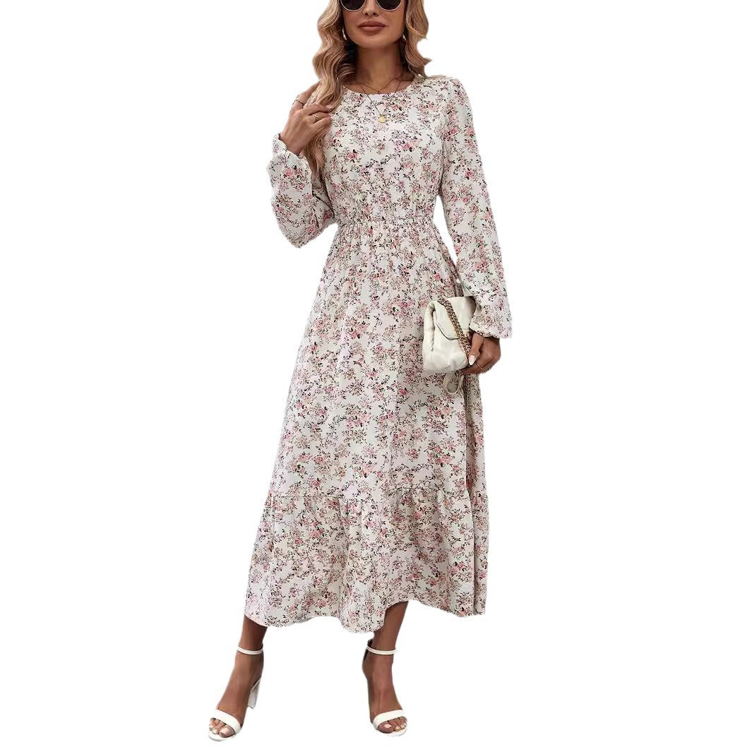 Women's Printed Round Neck Long Sleeve Ruffled Dress