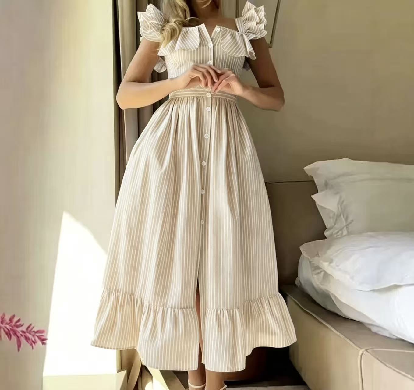 Flying Sleeves Striped Ruffled Long Summer Casual Dress