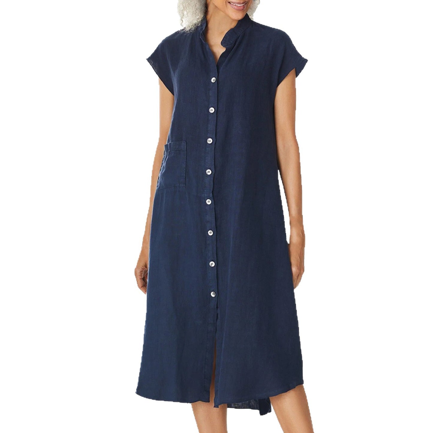 Women's Single-breasted Cotton Small Stand Collar Pocket Dress