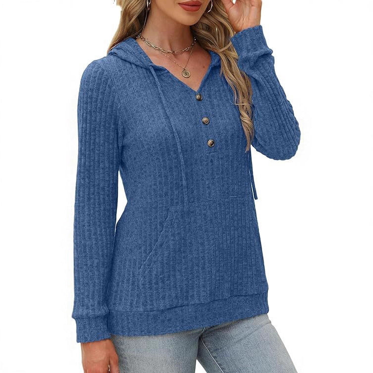 Women's Long Sleeve Hoodie Brushed Sunken Stripe Solid Color Loose Casual Sweater