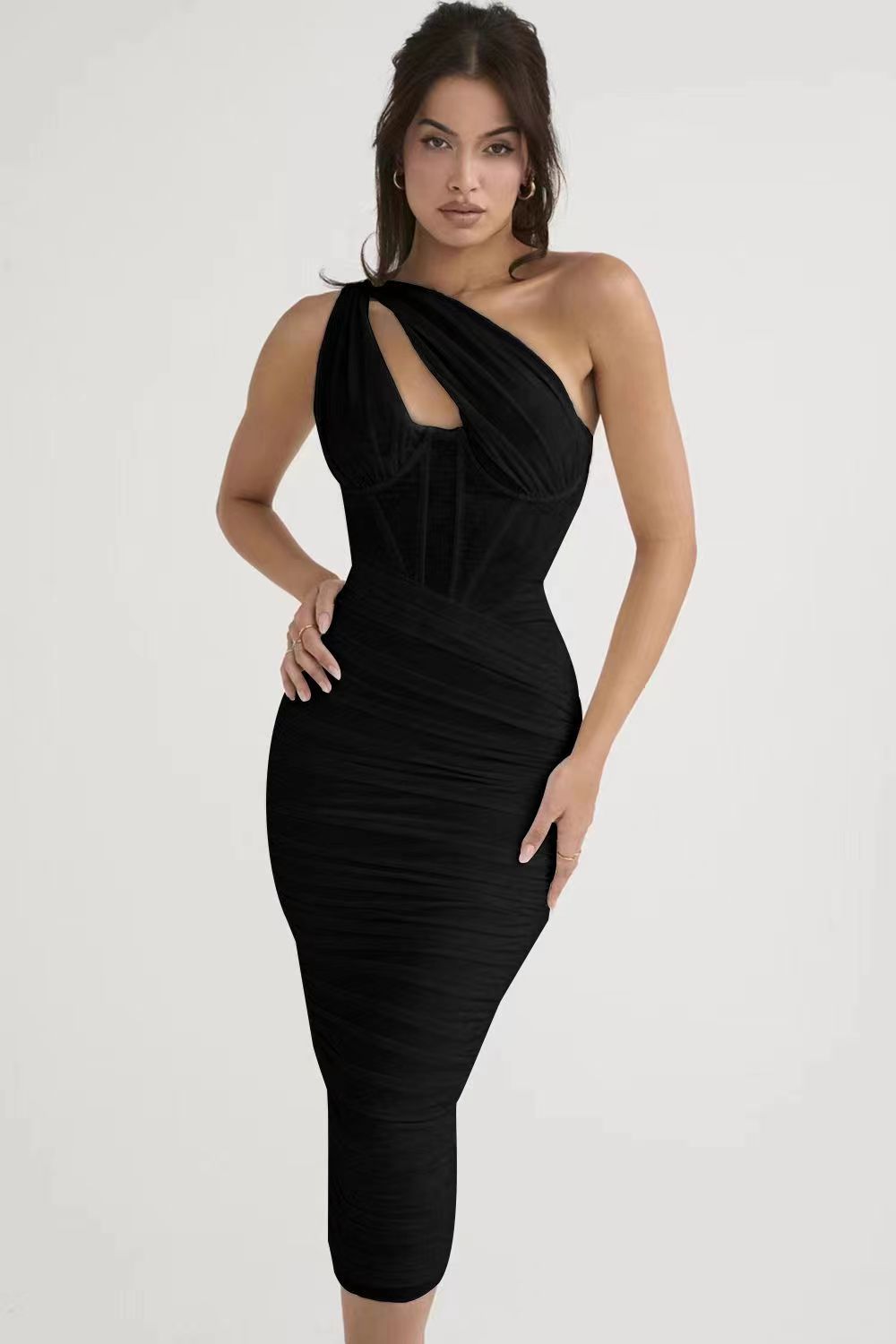 Solid Color Pleated Shoulder Fishbone Hollow Dresses