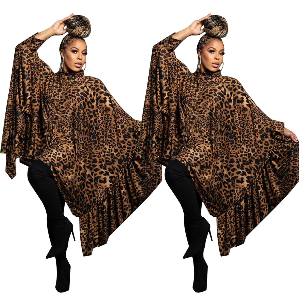 Women's Fashion Wear Leopard Print Shawl Long Blouses