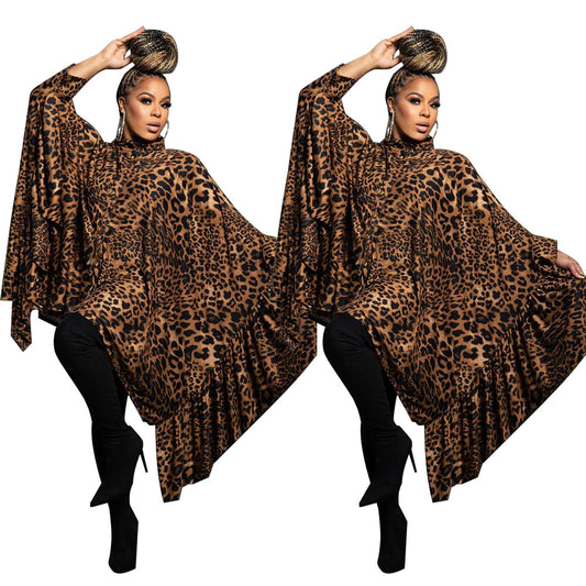 Women's Fashion Wear Leopard Print Shawl Long Blouses