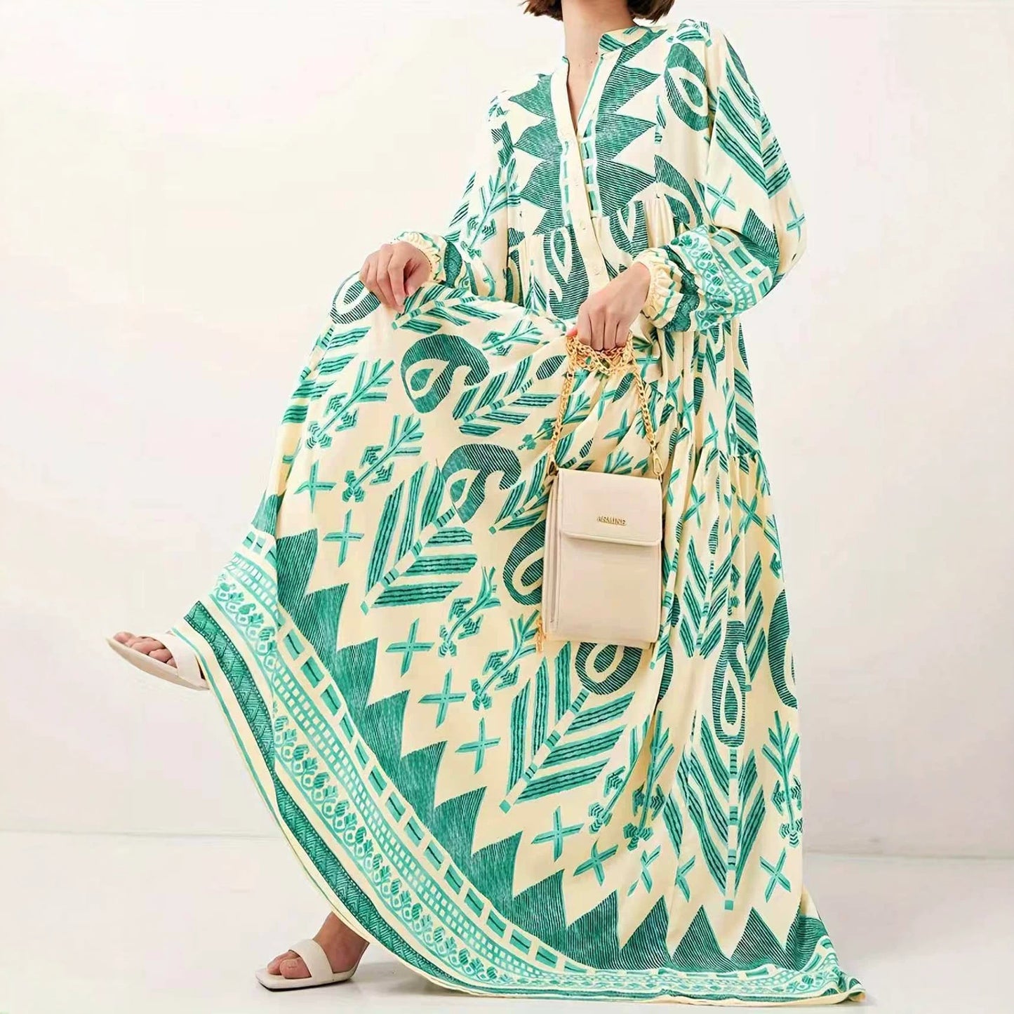 Women's Green Dignified Elegant Soft Comfort Printing Long Dress