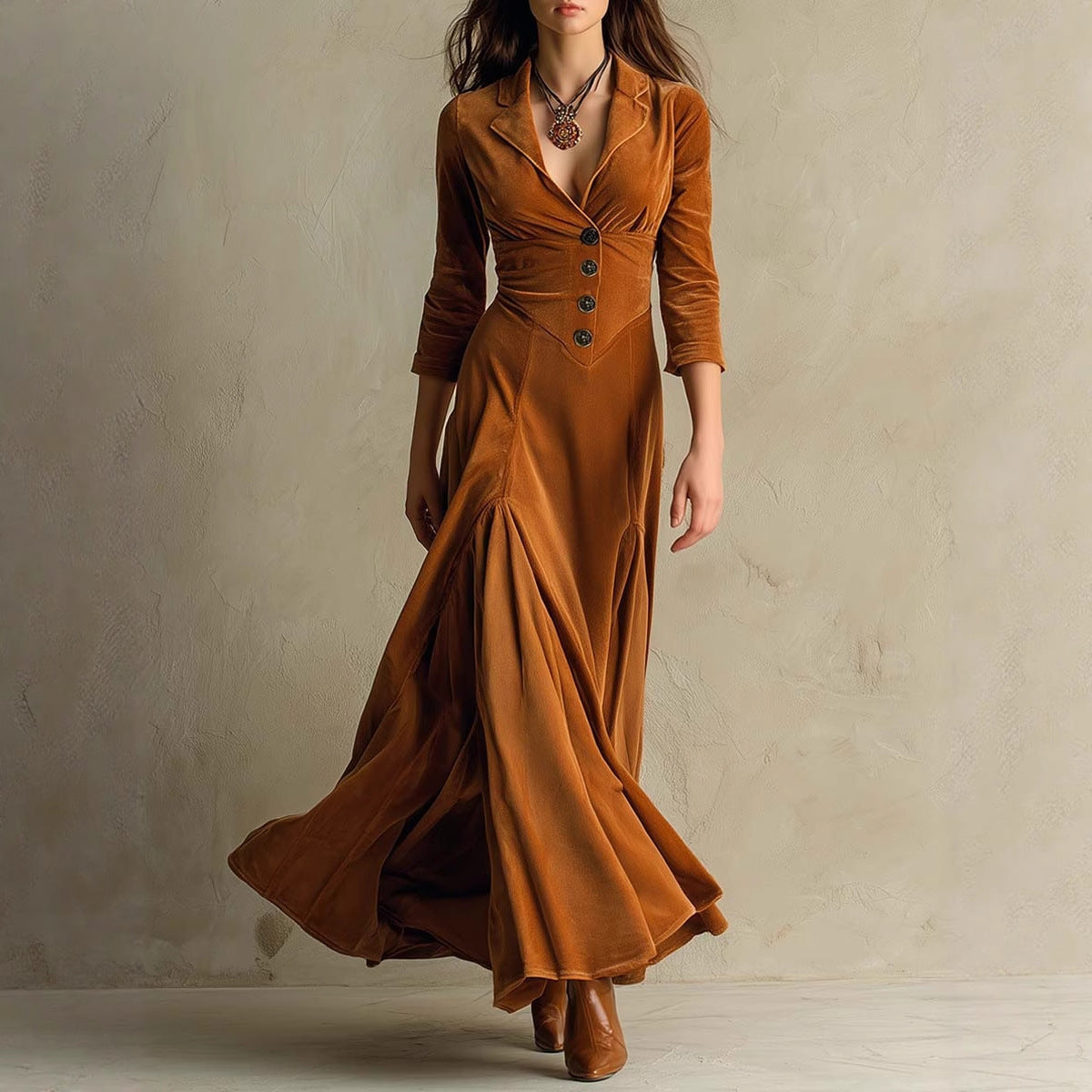 Women's Solid Color Buttons Lapel Sleeve Maxi Dress Dresses