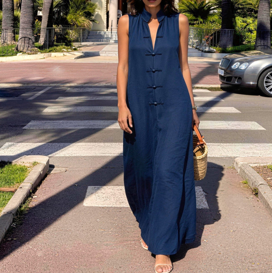 Stand Collar Frog Buckle Loose Linen Dress