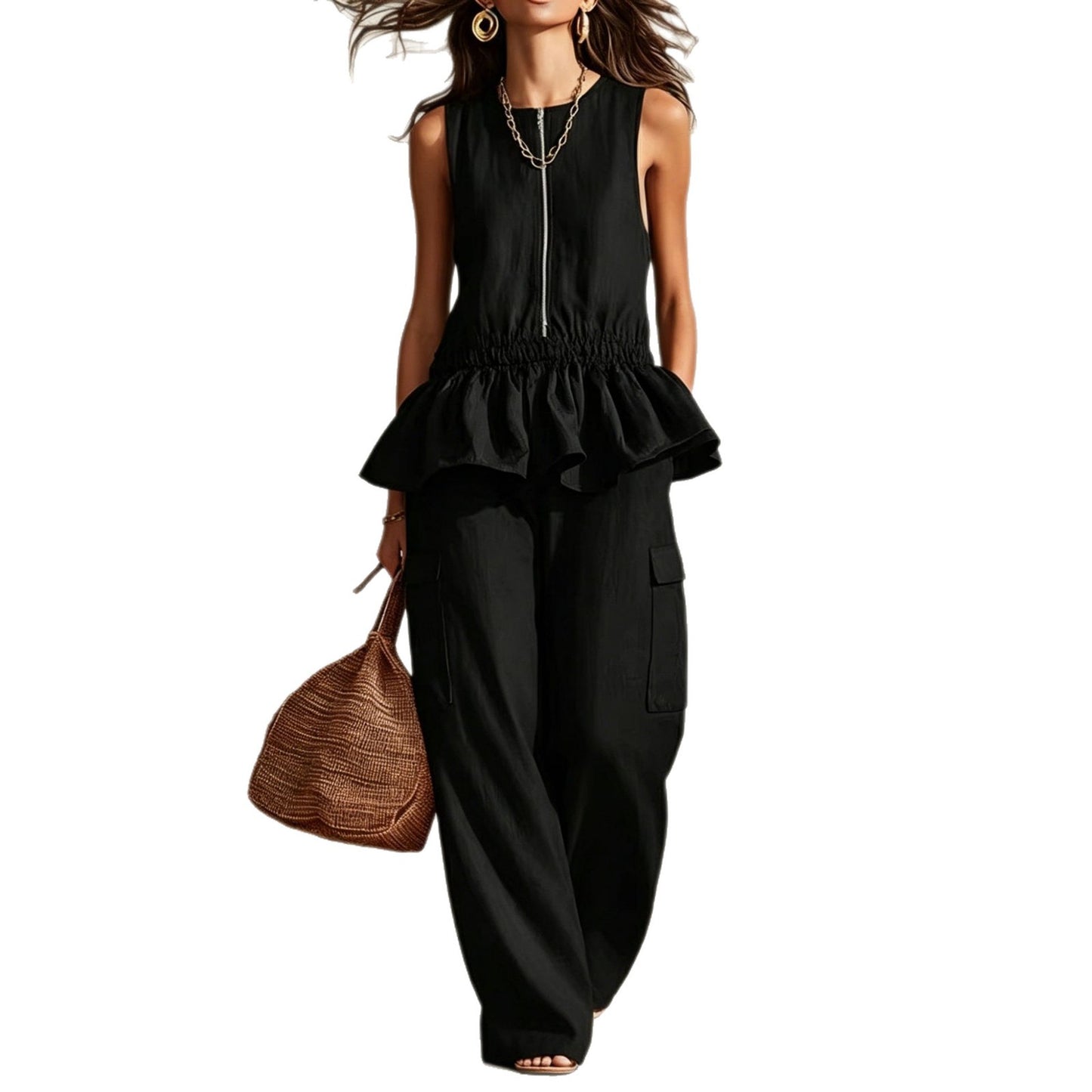 Women's Summer Sleeveless Pleated Wide Leg For Fashion Casual Suit