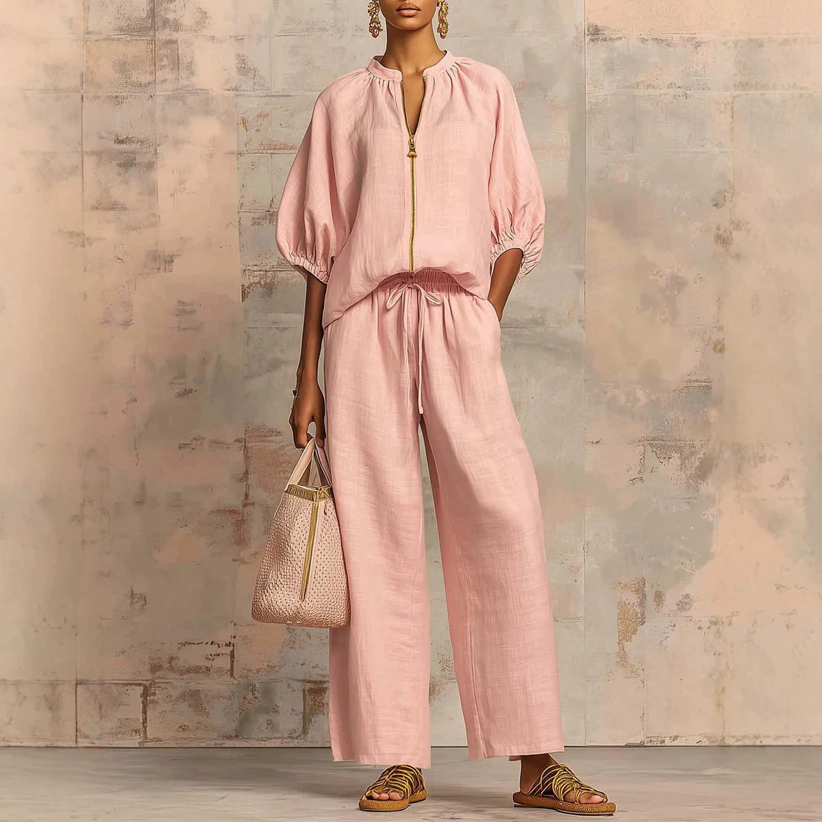 Loose Vacation Style Zipped Round Neck Wide Suits
