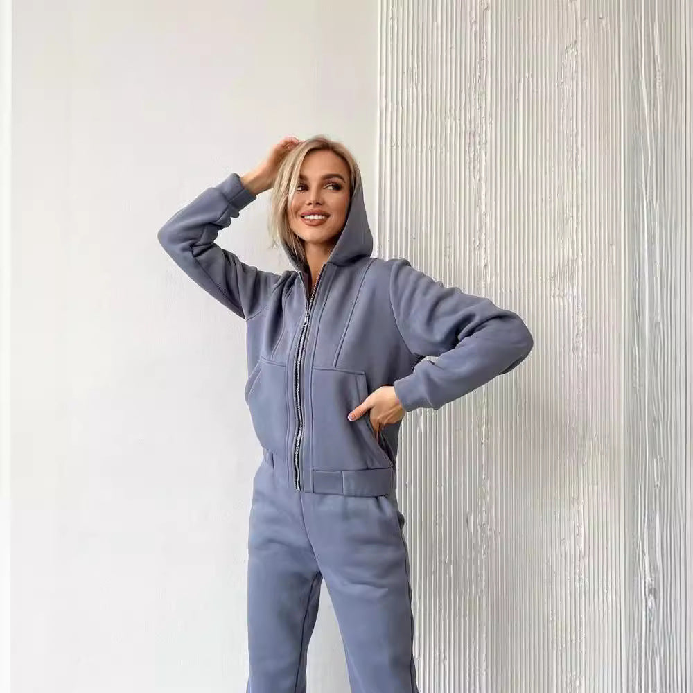 Women's Fleece-lined Long-sleeved Hooded Zipper Trousers Suits
