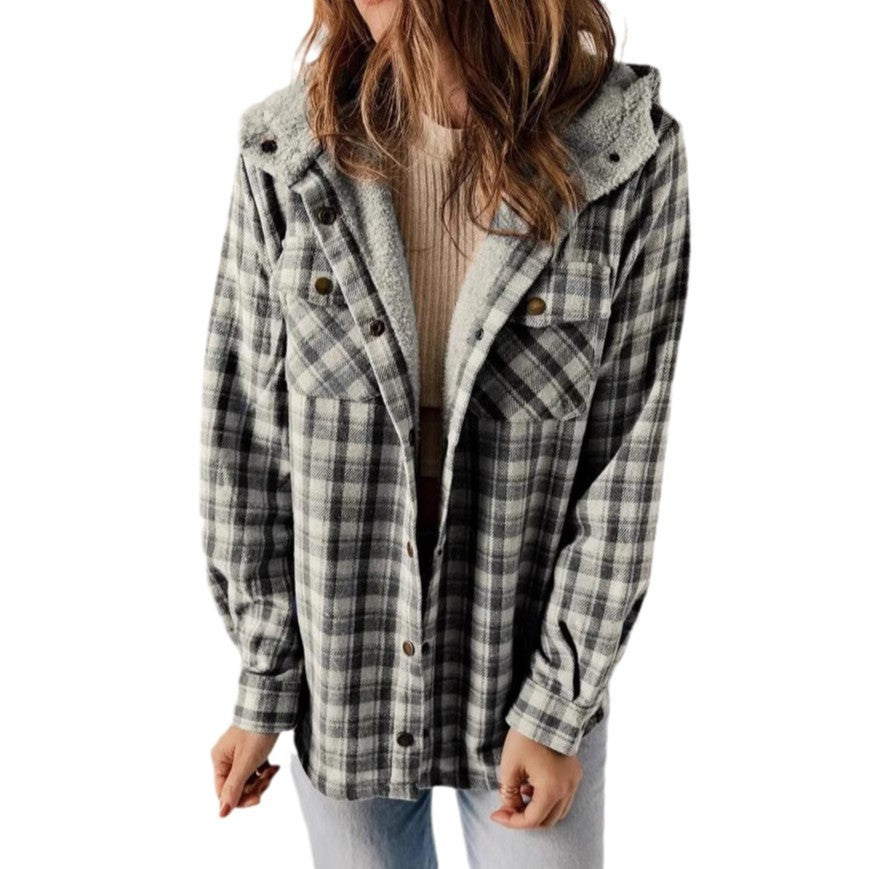 Women's Plaid Long Sleeve Furry Hooded With Coats