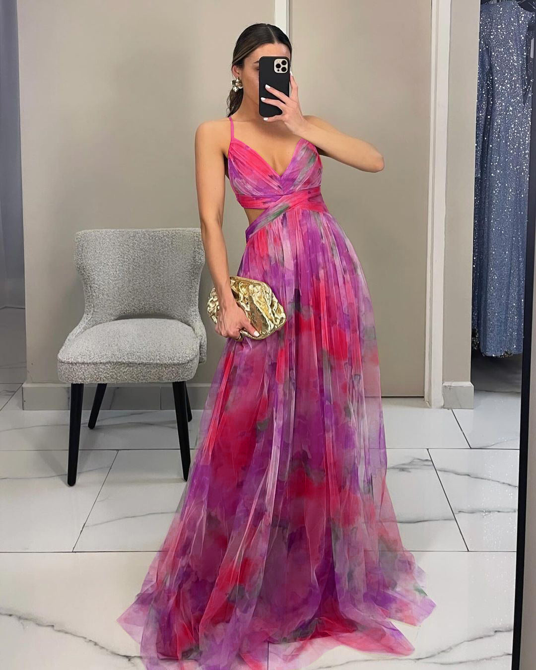Mesh Printing Slip Holiday Leisure Party Dress