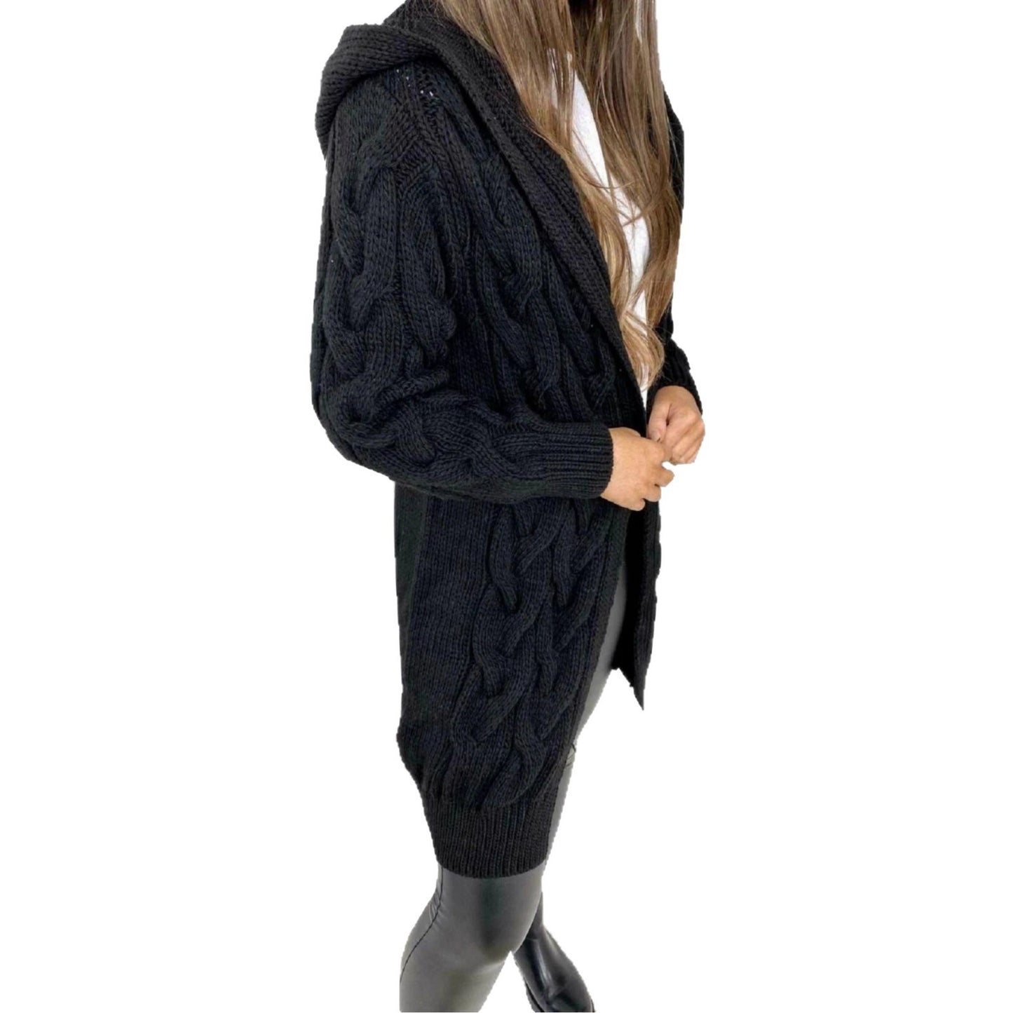 Mid-length Solid Color Twist Hooded Knit Women's Sweater