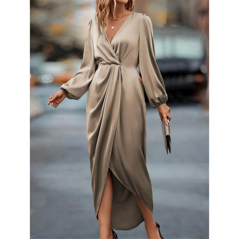 Elegant Cross Collar Pleated Split Puff Sleeve Dress