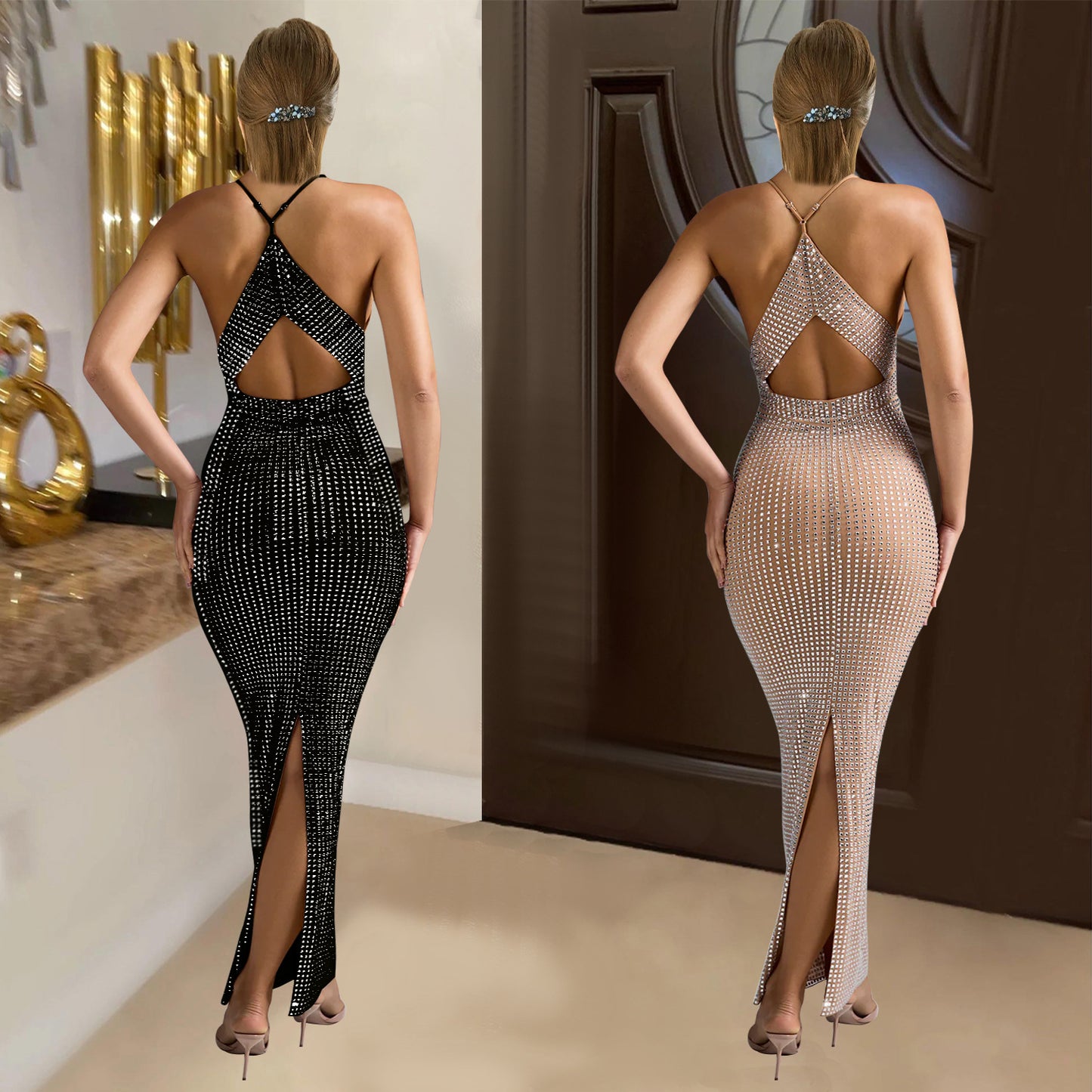 Women's Fashion Wear Rhinestone Sleeveless Maxi Dress Dresses