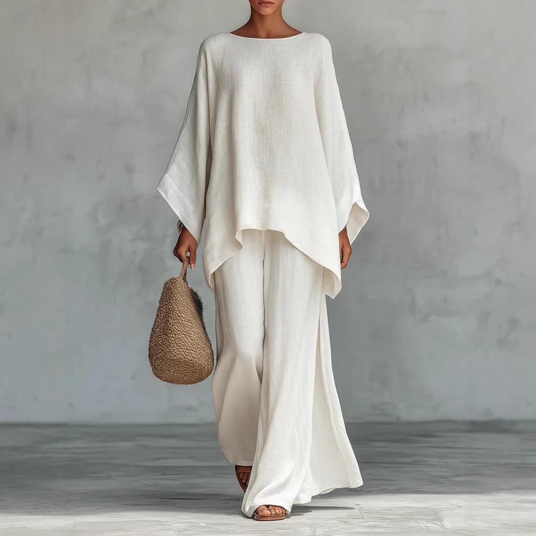 Women's Simple Loose Linen Blended Shirt Wide Fashion Casual Suit