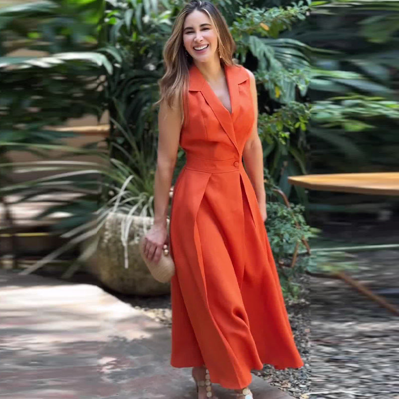 Autumn Solid Color Polo Collar Pleated Long Dresses