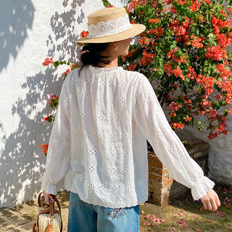 Women's Spring French Embroidery Shirt Long Sleeve Loose-fitting Blouses