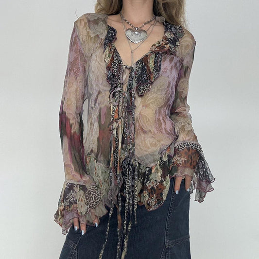 Women's Vintage Blooming Printed Mesh T-shirt Retro Blouses