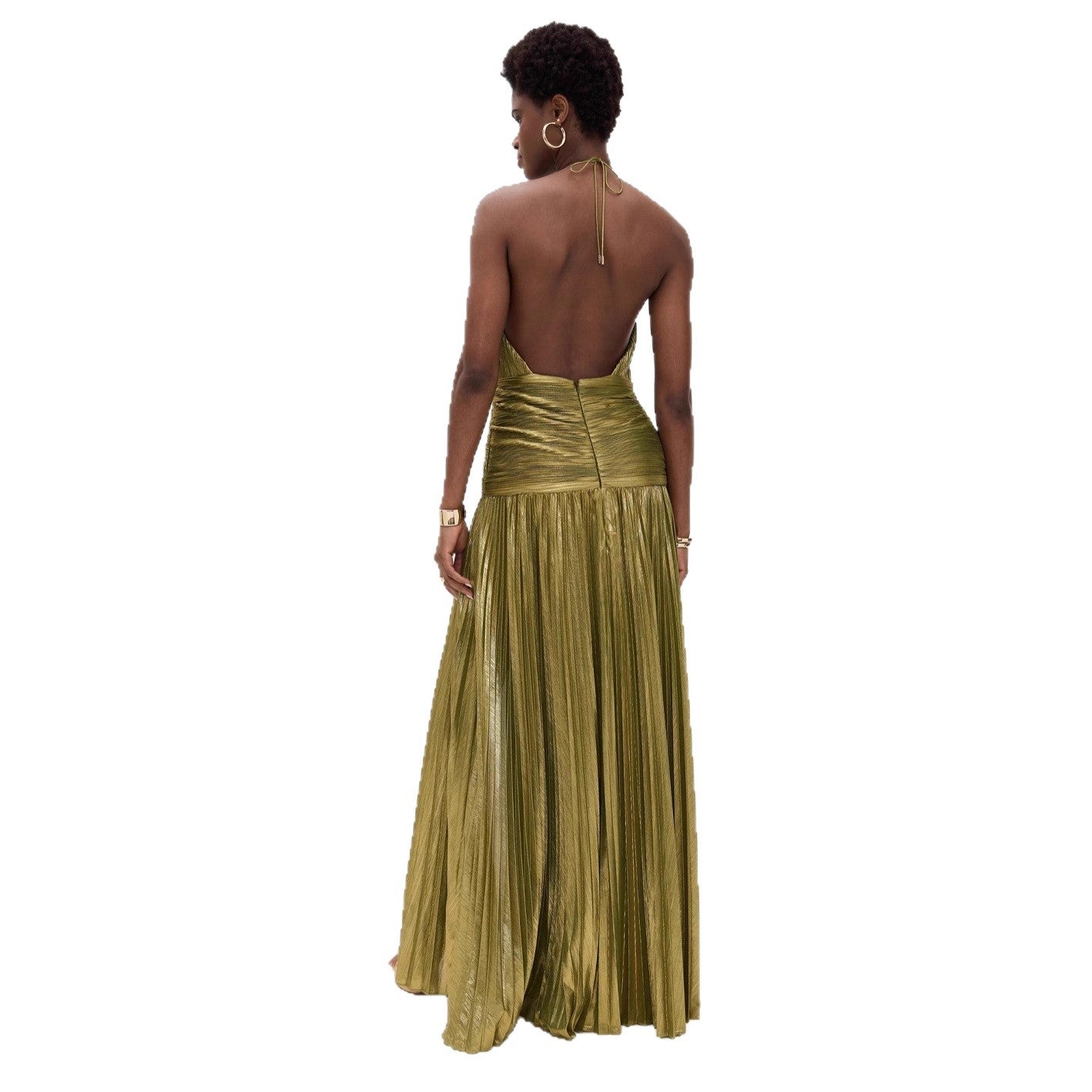 Women's Sleeveless Backless Metallic Pleated Split Halter Dresses