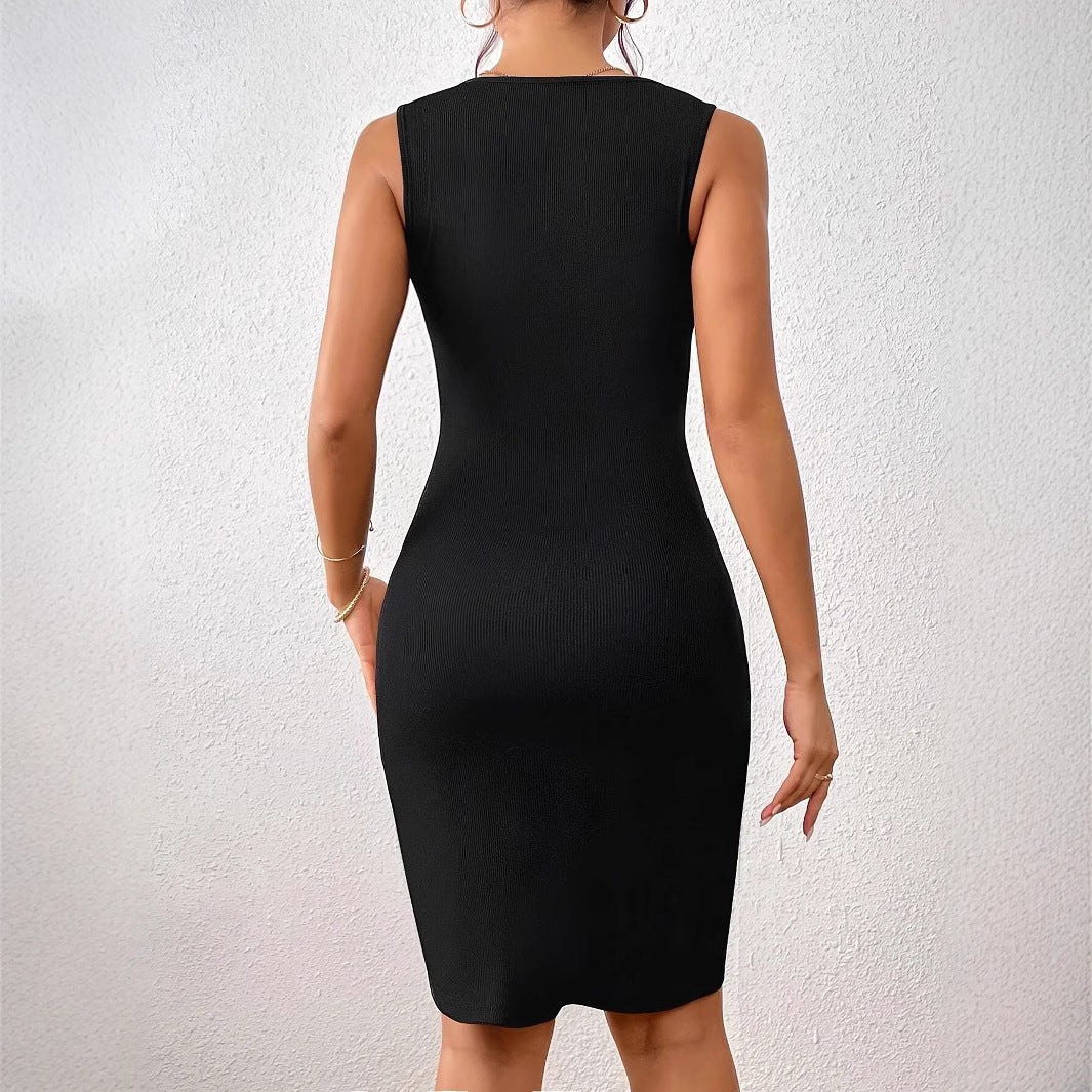 Women's Stitching Contrast Color Asymmetric Sleeveless Sexy Dress