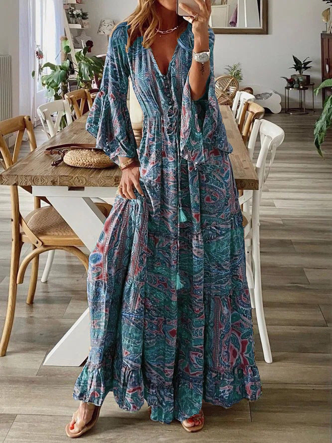 Bohemian Flare Sleeve Printed High Waist Holiday Dress