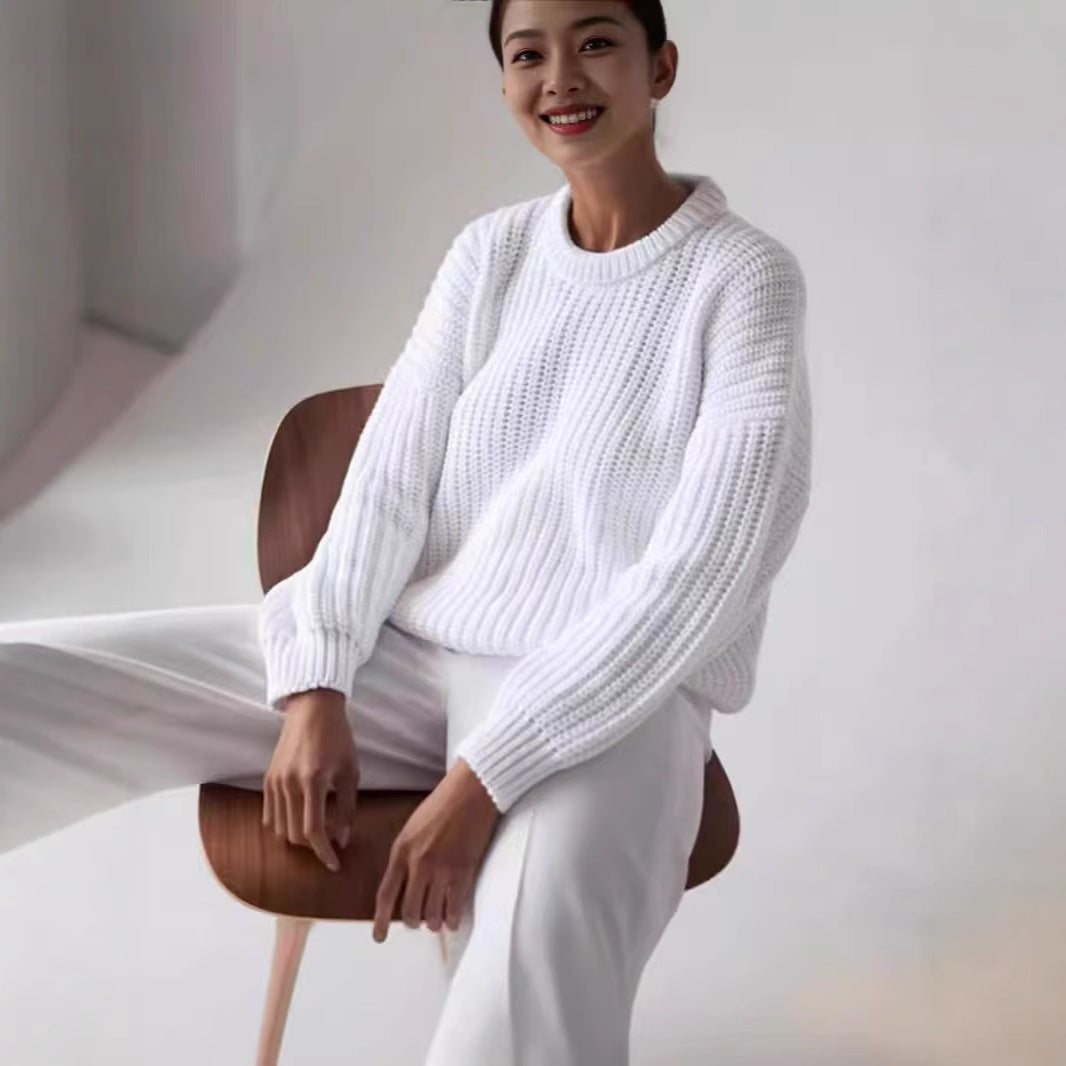 Women's Loose Matching Round Neck Fashion Pullover Solid Sweater