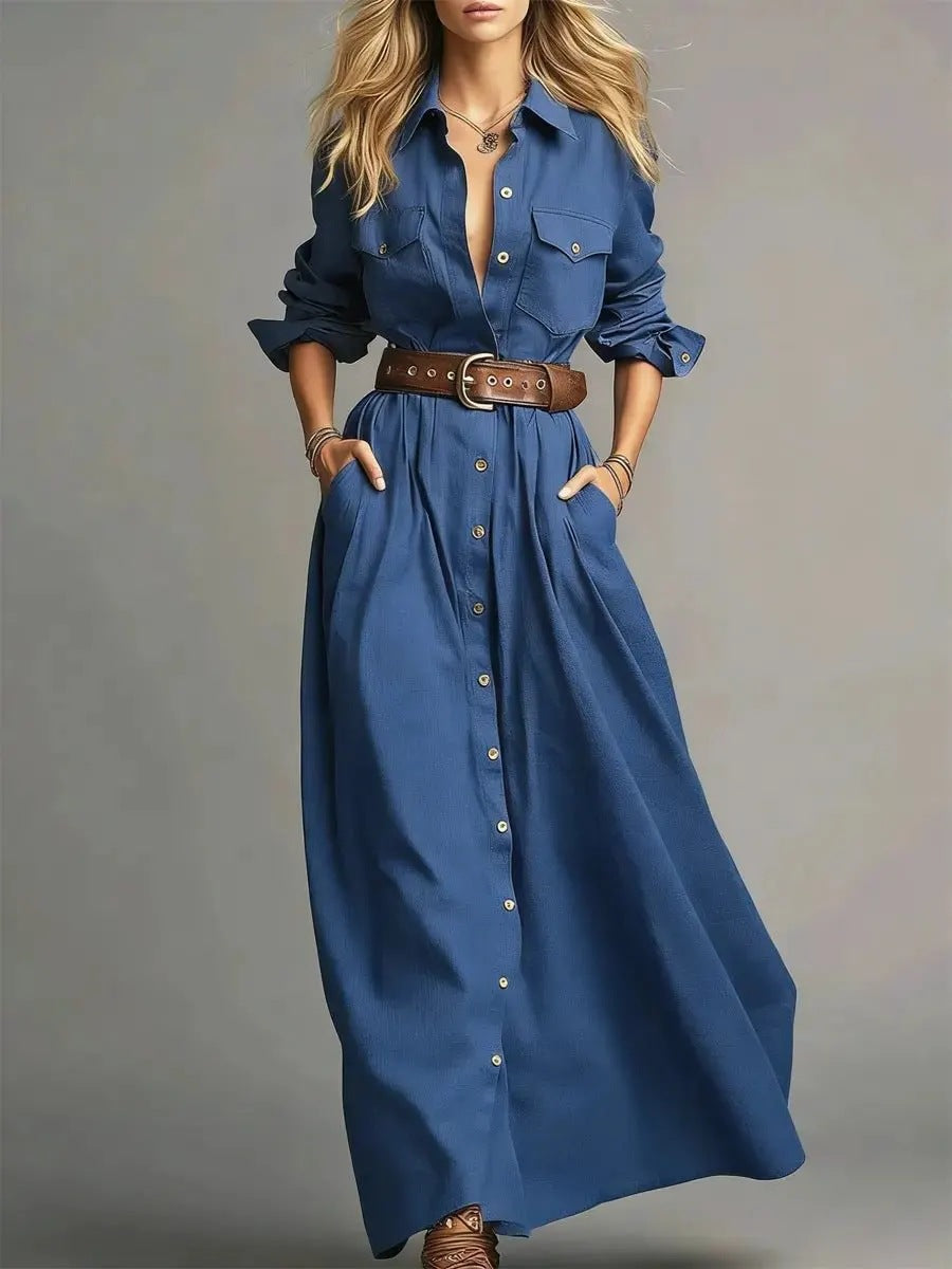 Women's Solid Color Elegant Long Shirt Button Dress