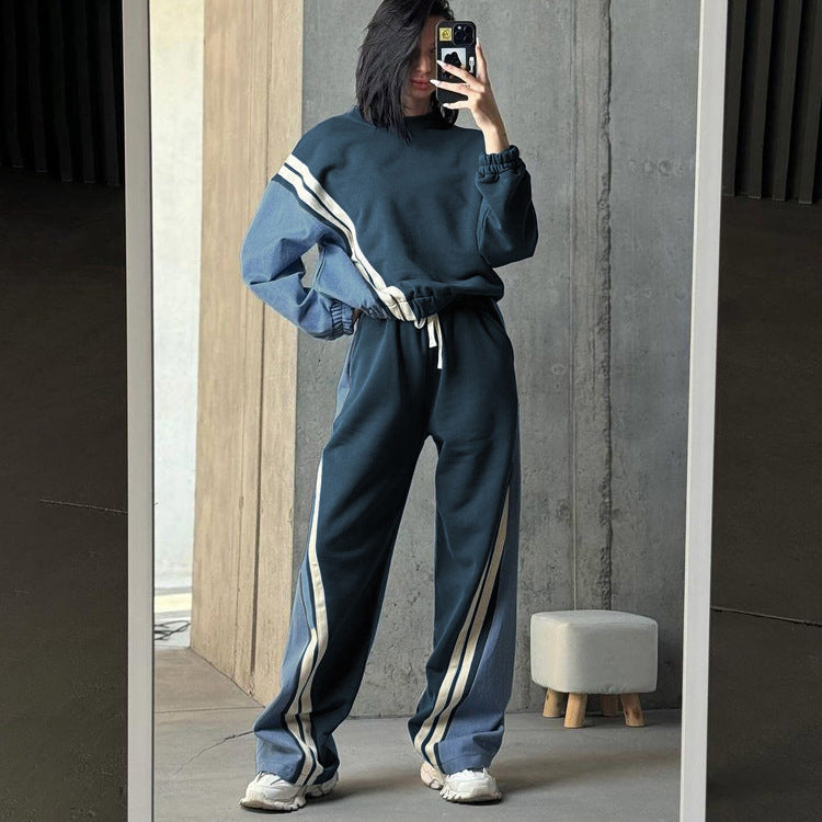 Color Striped Pullover Drawstring Trousers Two-piece Suits