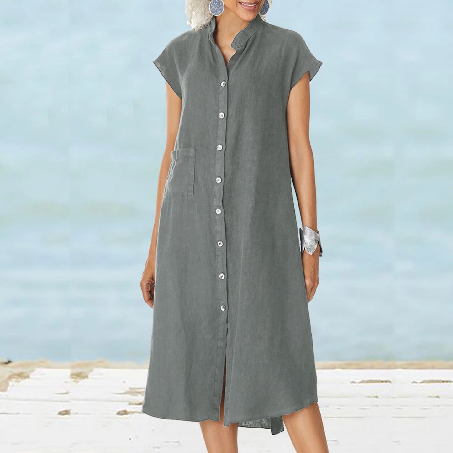 Women's Single-breasted Cotton Small Stand Collar Pocket Dress