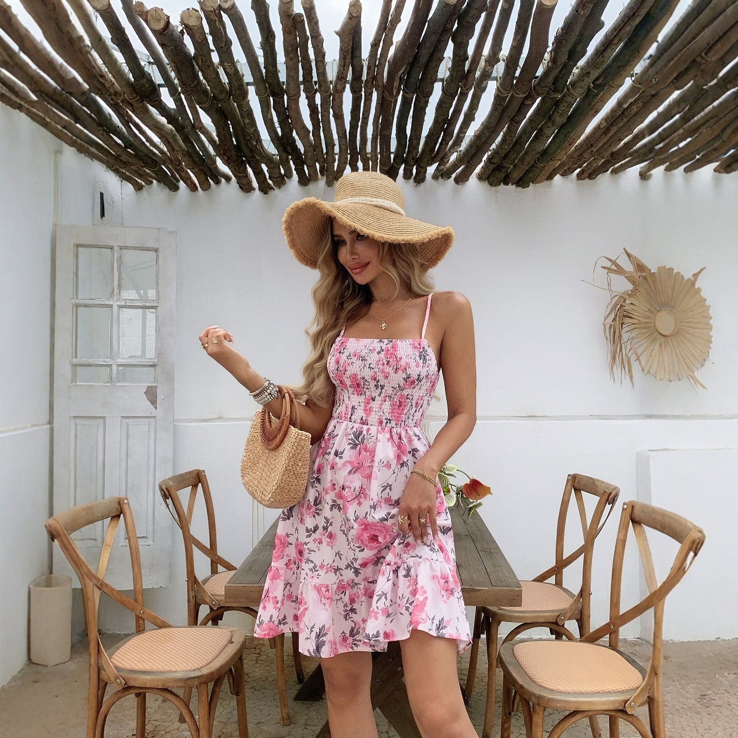 Floral Tight Waist Strap Beach Vacation Dress