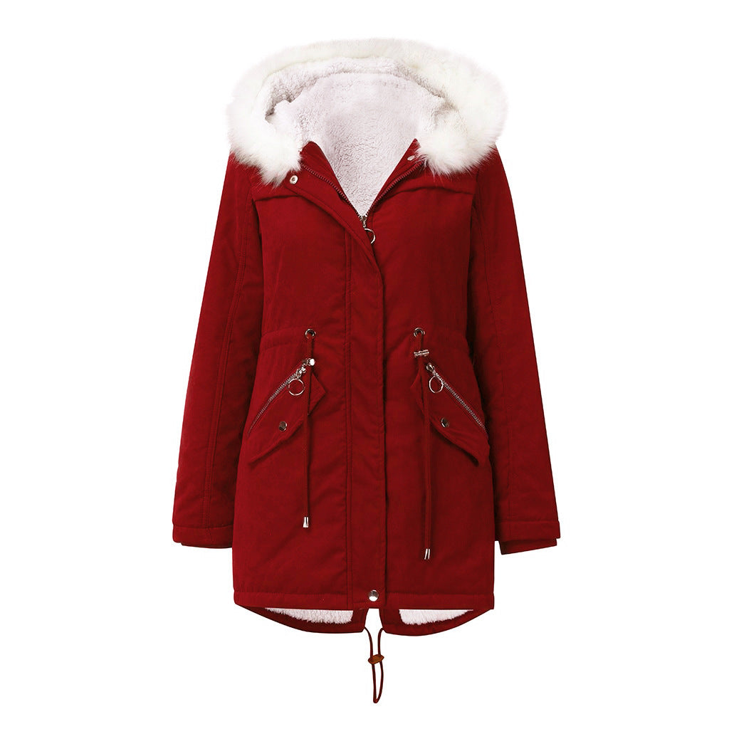 Women's Fur Collar Parka Mid-length Hooded Winter Warm Veet Woman Coats