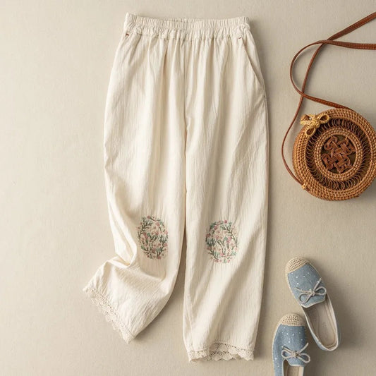Women's Vintage Art Embroidery Cotton Linen Harem Summer Thin Pants