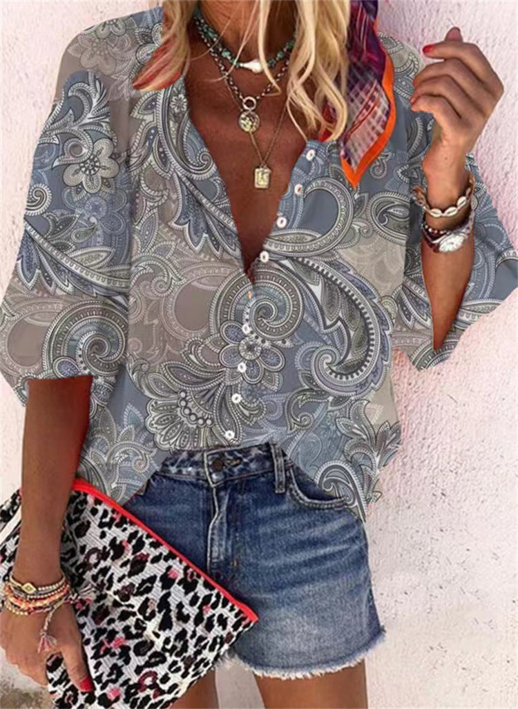 Women's Fashion Summer Stand Collar Loose Button Retro Blouses