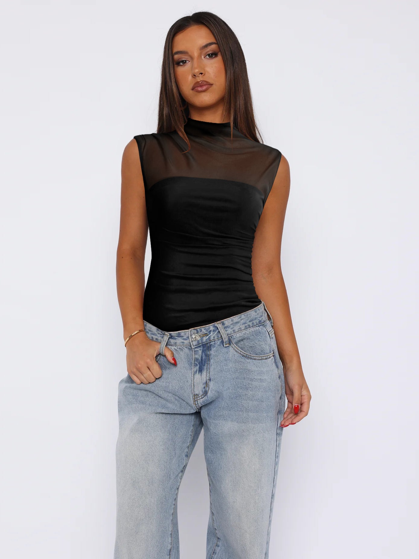 Women's Summer Half Collar Pure Color Mesh Tops