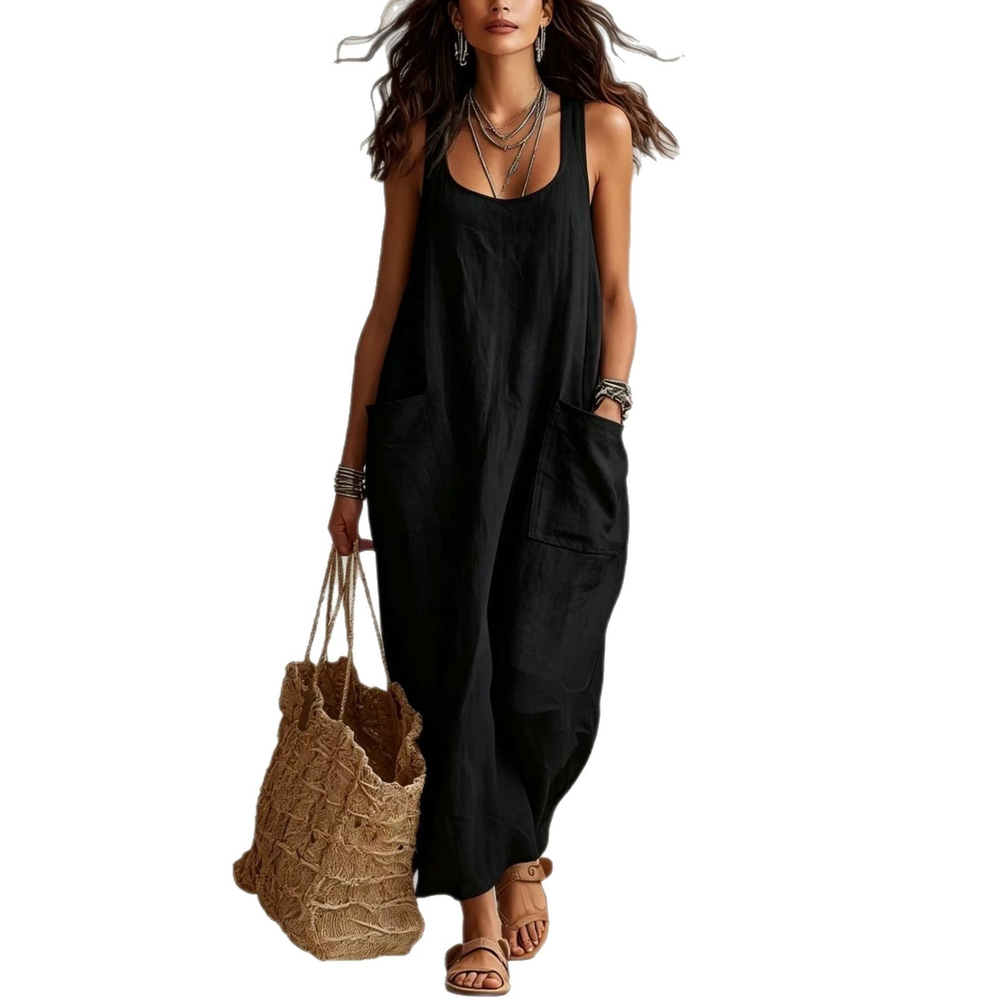 Women's Summer Elegant Casual With Big Pockets Strap Dress