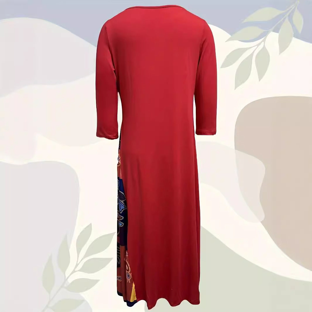 Autumn Temperament Button Printed Round Neck Dress
