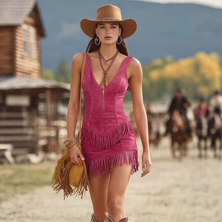 Western Denim Style Hot Tassel Imitation Leather Veet Fitted Waist Dress