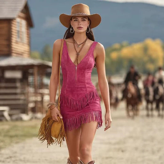 Western Denim Style Hot Tassel Imitation Leather Veet Fitted Waist Dress