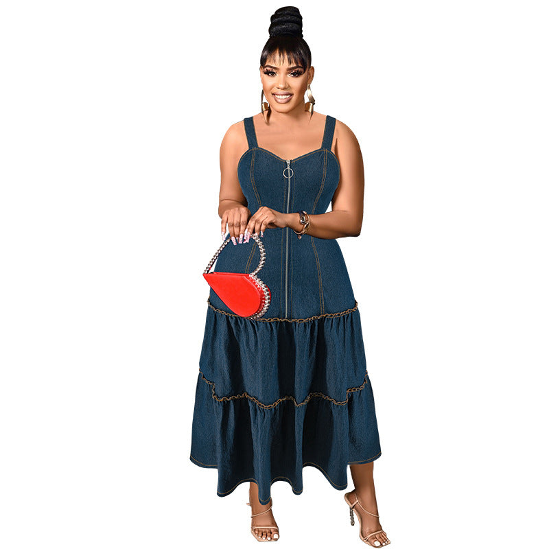 Women's Sleeveless Collarless Strap Long Denim Dress Dresses