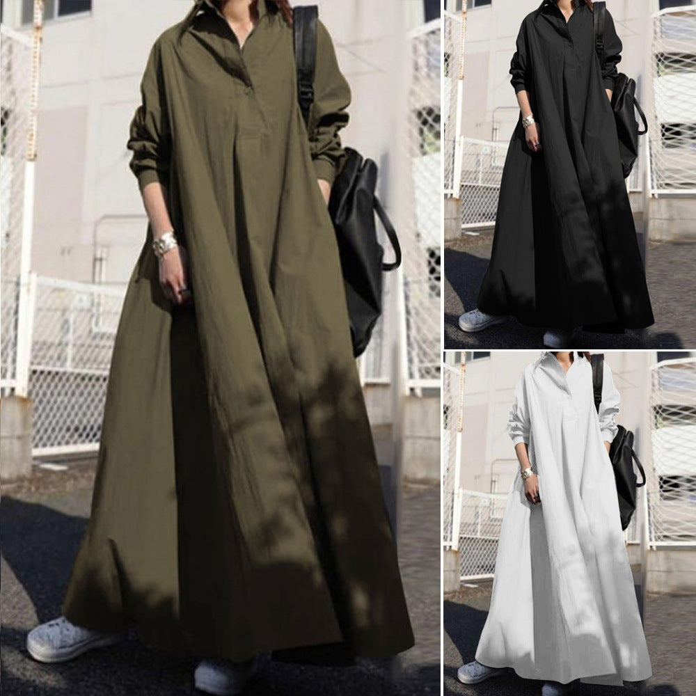Women's Loose Long Sleeve Big Hem Solid Dress