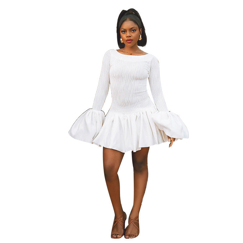 Women's Elegant Flare Sleeve Waist Trimming Ruffles Dress